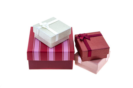 four gift boxes on a white isolated background, gifts for valentine's day