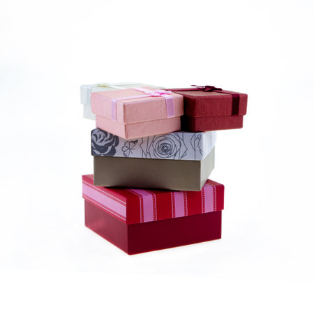 stack of birthday gifts on isolated white background, red and pink giftboxの写真素材