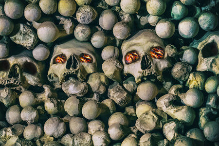 wall of horror consisting of skulls and bones of a person with glowing red eyes. human bone patternの写真素材