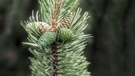 Cedar branch covered with a green cone on a background of needles close-up