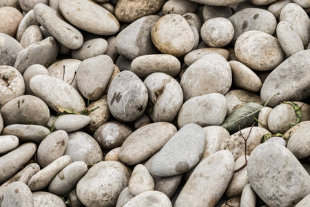 pebbles round gray embankment of the river close-up background stone