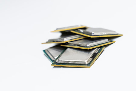 many processors lie on a light background close-upの写真素材