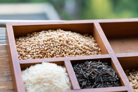 A wooden box with a variety of grains including rice, wheat, and barleyの写真素材