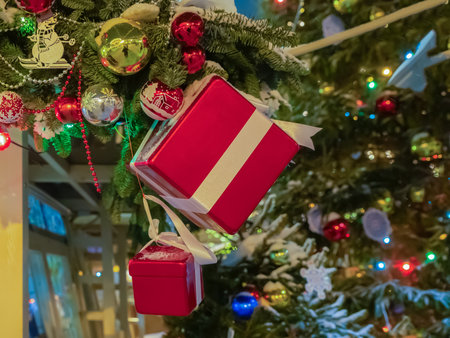 New Year decorations in the form of a tree, balls and garlandsの写真素材