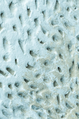A blue wall with a white base. The wall has a textured surface with many small holes and indentations.の写真素材