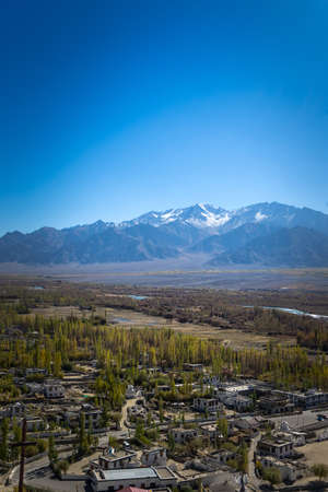 Leh ladakh City from Top, Leh City Aerial View, Leh, Ladakh, Beautiful Landscape, Holiday in Ladakh, Road Trip in Indiaの写真素材