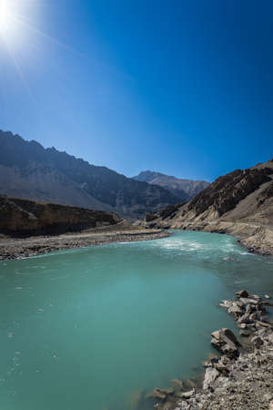 Blue sky and green lake in ladakh india .の写真素材