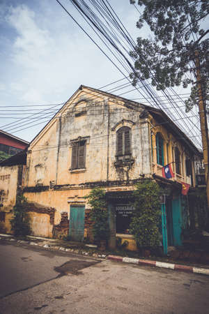 Savannakhet, loas - 25 july 2018, Old town of Savannakhet , street in old town region in laosのeditorial素材