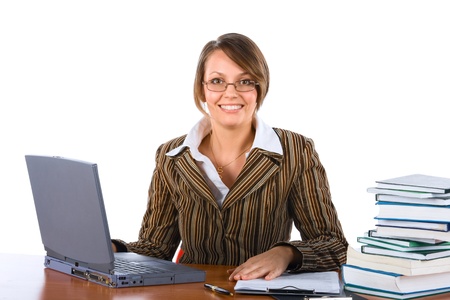 young smiley attractive businesswoman with laptopの写真素材