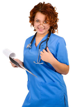 young smiley female doctor with stethoscope on white backgroundの写真素材