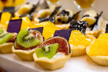 Sweets with fruits in the restaurant.