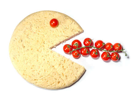 conceptual pizza smile eat tomatoes isolated の写真素材