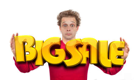 Amazed man holding BIG SALE - 3D plateの写真素材