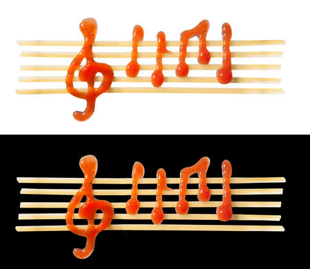 conceptual edible sheet music of noodles and ketchupの写真素材