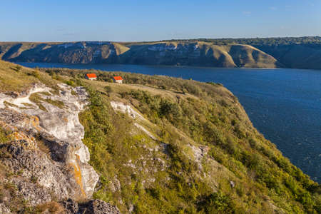 The Dniester River s shore near Bakota s rocky hills の写真素材