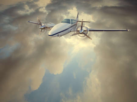 Light twin-engined piston aircraft in flightの写真素材