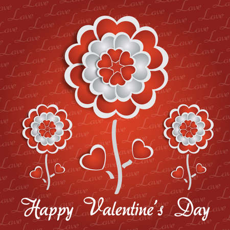 Happy Valentine s Day lettering Greeting Card on red background with heart stylized flowersのイラスト素材