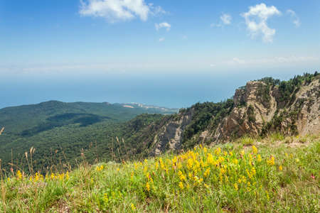 A panoramic view of Yalta city from Ai-Petri mountain, Crimea, Ukraineの写真素材