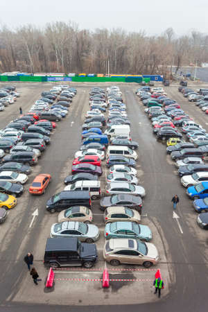 Full of car parked in a public parking lots. Tilt-shift effectの写真素材