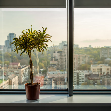 flower near window office buildingの写真素材