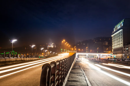 moving car with blur light through city at night. Kiev city, Ukraine.