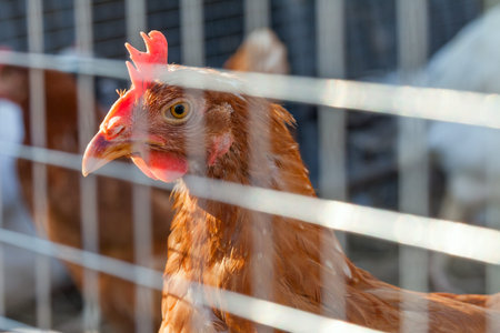 flock of chickens and roosters grazing on the farm