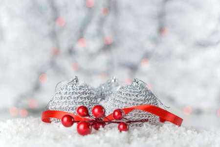 Christmas balls and snowflake background with shallow depth of field.の写真素材