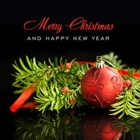 Christmas balls and fir on black backgroundの写真素材