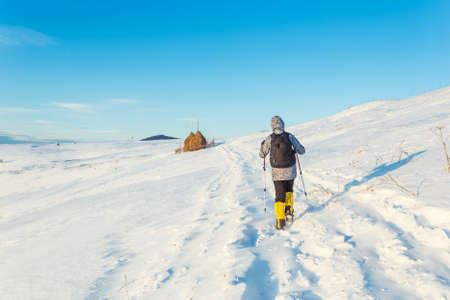 Hiker in winter mountainsの写真素材