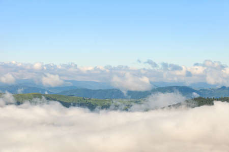 Beautiful and famous travel location The landscape photo, beautiful sea fog in morning time at Carpathians, Ukraine.の写真素材