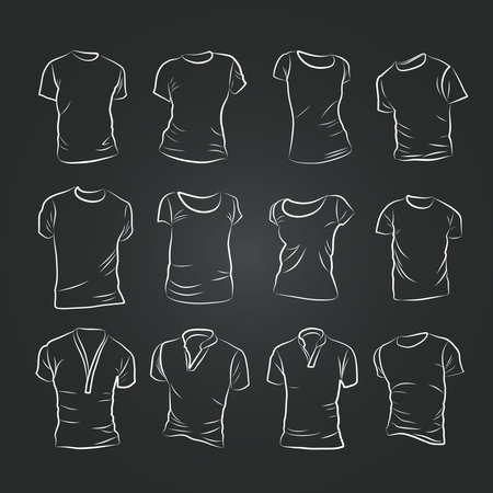 Hand-drawn vector t-shirt template mock up and showcase for designer, isolated on black background.のイラスト素材