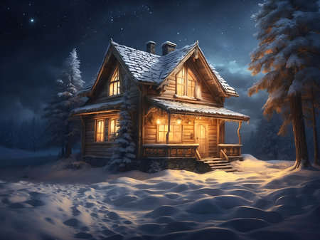 Winter Night's Glow: Illuminated Window in a Cozy Snow-Covered Cabin Amidst Pine Trees and Falling Snow, Beneath a Starry Skyの素材