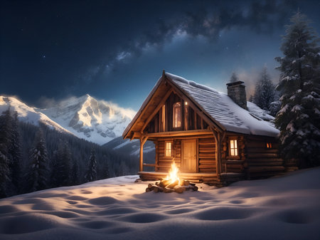 A snowy mountain paradise with pine trees reaching towards a small wooden house under the starry sky.の素材