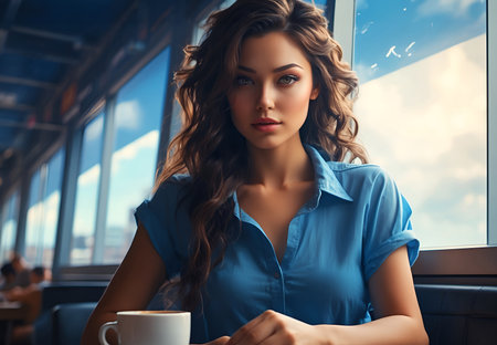 A beautiful woman sitting in a cafeの素材
