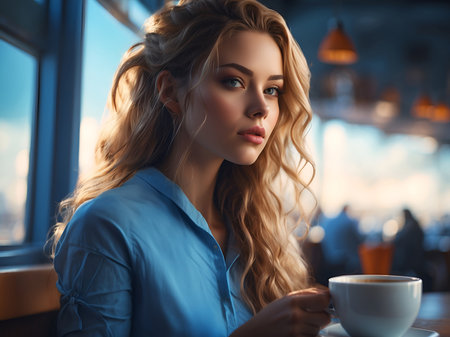 A beautiful woman sitting in a cafeの素材