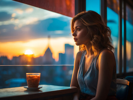 A beautiful woman sitting in a cafeの素材