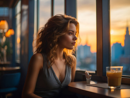 A beautiful woman sitting in a cafeの素材