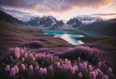 Majestic mountain lake with flowers bloomingの素材