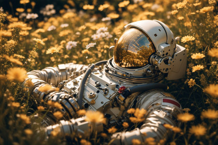 Closeup of cosmonaut wearing space suit and space helmet taking a nap while lying on green grass outdoors. Portrait of astronaut sleeping on meadow with flowersの素材