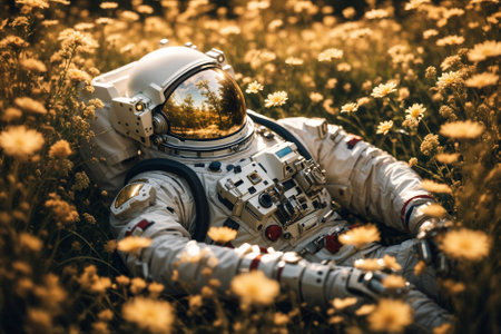 Closeup of cosmonaut wearing space suit and space helmet taking a nap while lying on green grass outdoors. Portrait of astronaut sleeping on meadow with flowersの素材