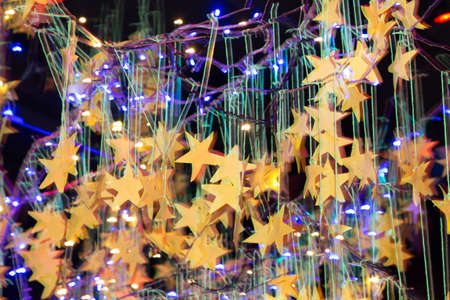 Festive Background With Natural Bokeh And Bright Golden Lights. Vintage Magic Background With Colorの写真素材