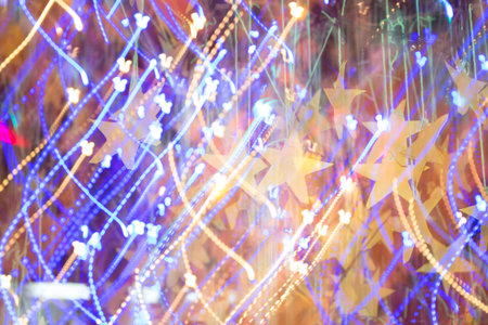 Festive Background With Natural Bokeh And Bright Golden Lights. Vintage Magic Background With Colorの写真素材