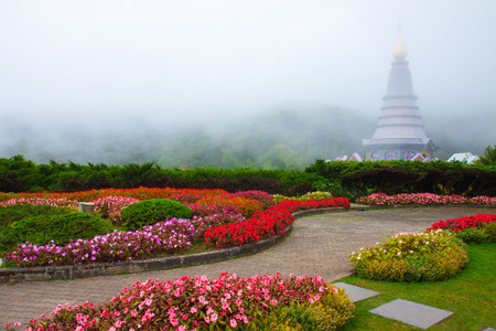 Flower garden and pagoda on Doi Inthanon, Thailand.の写真素材