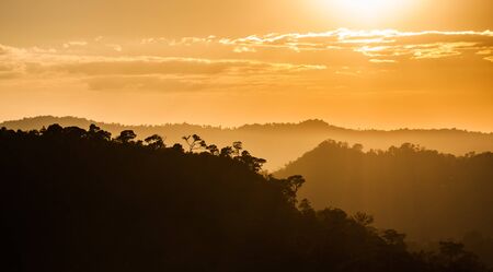 Mountains, trees, evening lightの写真素材