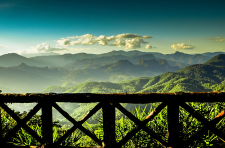 Wooden terrace and mountain viewの写真素材