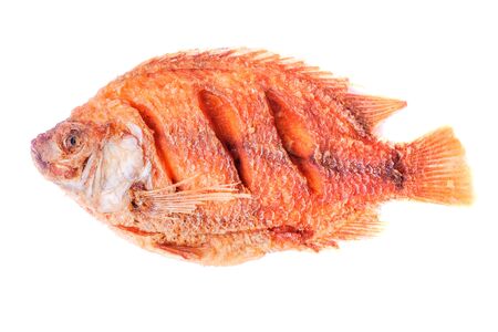 Crispy tilapia on a white backgroundの写真素材