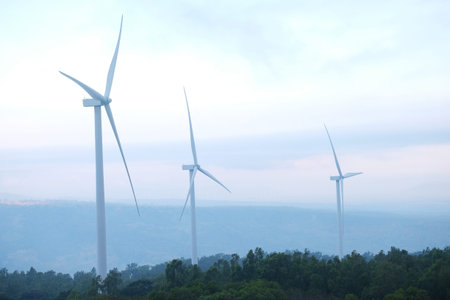 Wind turbines for electric power production, Zaragoza province, Aragon, Spain.
