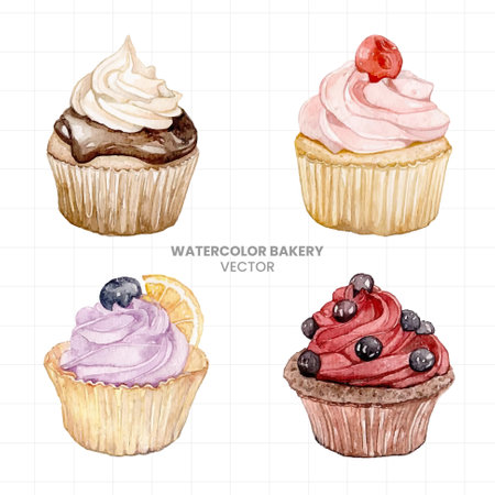 Watercolor hand drawn cupcakes set isolated on white background. Vector illustrationのイラスト素材