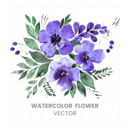 Watercolor floral bouquet with blue flowers, leaves and berries. Hand drawn vector illustrationのイラスト素材