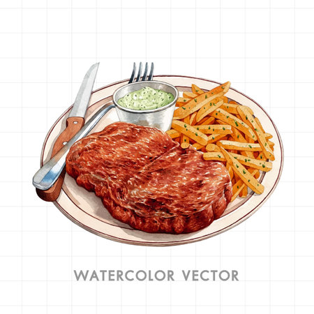 Steak with french fries and sauce. Hand drawn watercolor illustrationのイラスト素材